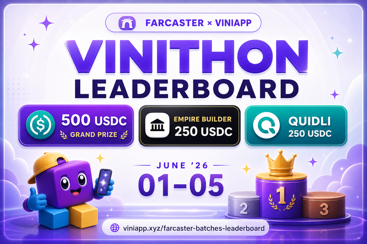 Vinithon leaderboard with ViniApp, Empire Builder, and Quidli prizes in USDC